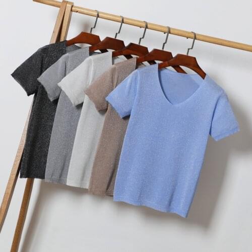 Queechalle knitted pullover Womens bright silk short sleeve casual thin sweater Female solid V neck loose tops women basic tee