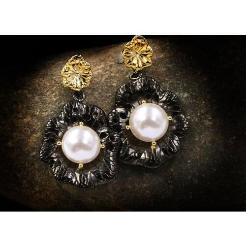 CHARLINLIOL Womens Vintage Freshwater Pearl Drops Earrings 925 Silver Big Flower Bohemia Vintage Black Gold African Jewelry