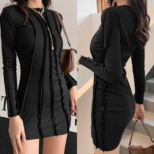 Womens Round Neck Long Sleeve Sexy Slim Pack Hip Temperament Fashion Dress Black