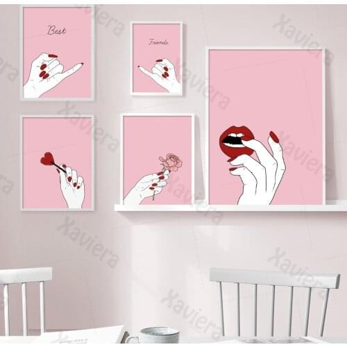 Abstract Art Poster Pink Girl Lips Red Rose Painting Nail Polish Canvas Painting Nordic Art Paintings and Prints Home Decor Room