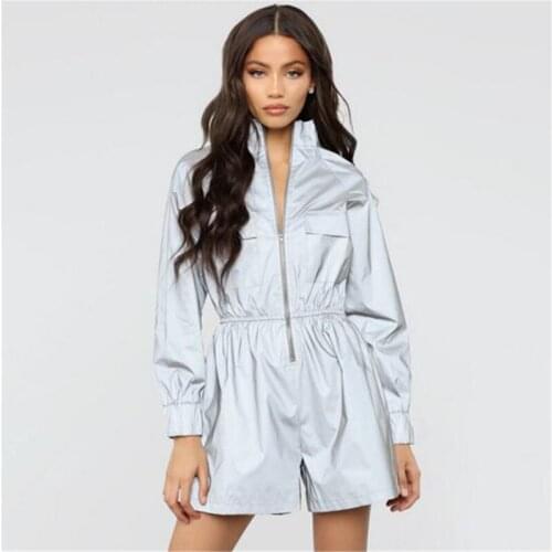 Women clothes 2021 sexy bodysuit slim jumpsuit Casual bodysuit flash reflective vadim fitness stand collar women jumpsuit