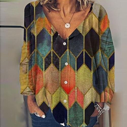 Geometric Hexagon Print Women Shirt Loose Deep V Neck Buttons Tops Summer Autumn Casual Long Sleeves Female Tee Shirts Blouse
