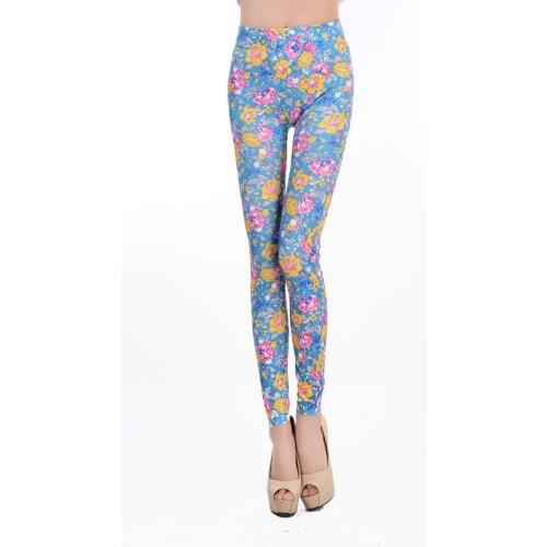 ML7607 Womens Fashion Seamless Skinny Stretch Bright Flowers Print Foral Leggings