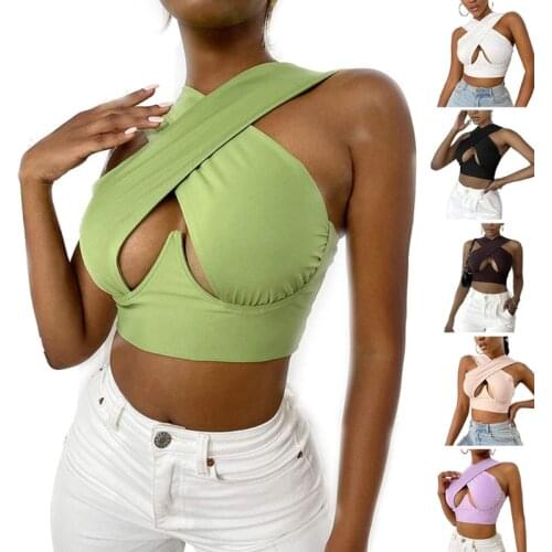 Women Sexy Criss Cross Halter Tank Crop Top Ruched Bandage Cutout Front Corset Cami Vest Solid Color Casual Slim Bustier