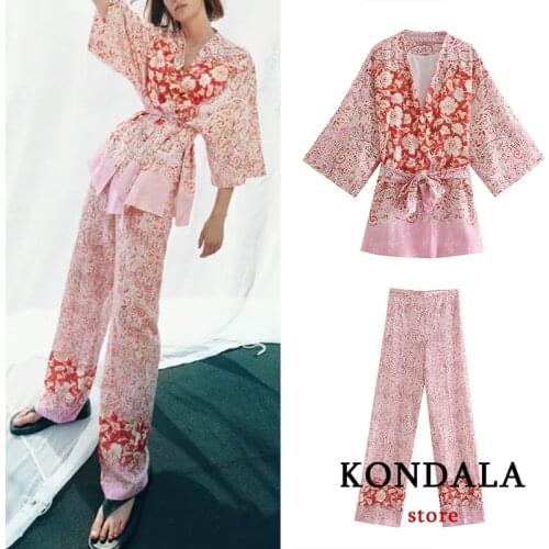 Women Chic Pink Floral Print Kimono Set Za 2021 Oversized Long V Neck Sashes Knot Kimono Shirts and High Waist Pants Boho Suits