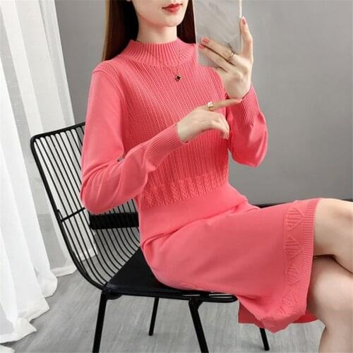 2021 New Women Spring Autumn Dress Turtleneck Long Sleeve Knitted Sweater Dress Female Loose Sweaters Pullovers Dress