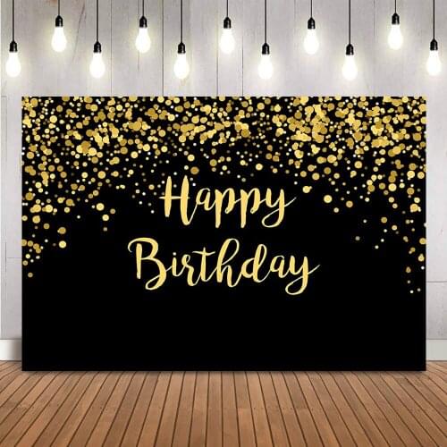 Gold Glitter Dots Happy Birthday Black Background for picture adult Kids Children Photo Background Yellow Personalize Photoshoot