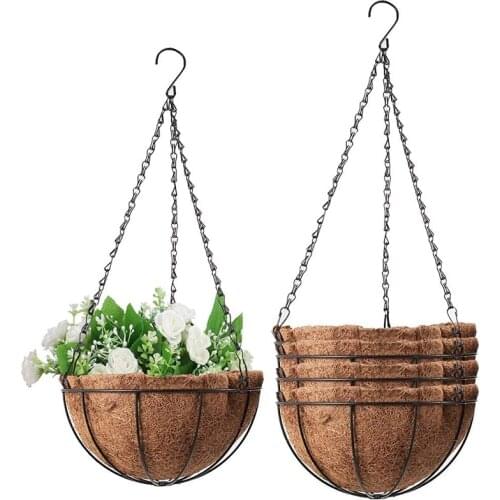 5PCS Metal Hanging Flower Basket with Coco Coconut Shell Lining 10 Inches Decorative Outdoor Hanging Basket
