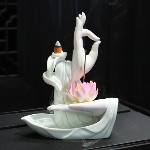 White Ceramic Incense Censer Buddha Hand Smoke Waterfall Backflow Incense Burner Lotus Incense Stick Holder Creative Home Decor