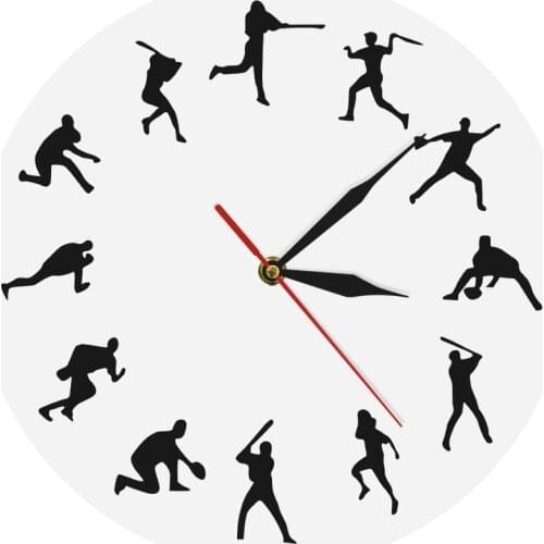 Baseball Players Different Poses Minimalist Design Home Decor Modern Wall Clock Baseball Lovers Gift Baseball Time Wall Clock
