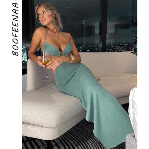 BOOFEENAA Sexy Backless Halter Long Maxi Dresses Elegant Outfits for Women Party Night Black Ladies Evening Dresses C66-CA31