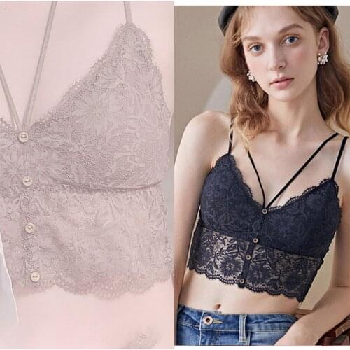 Women Short-Sleeved Lace Button Sexy Beautiful Back UnderwearThin Wrap Chest Strap Top Elastic Casual Party V-Neck Floral Bra