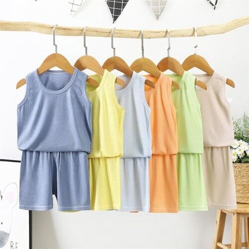 Childrens Pajamas Summer Thin Cotton Home Short-Sleeved T-shirt Suit Baby Air-conditioned Clothing Kids Pajamas