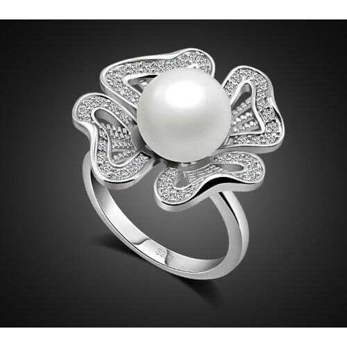 Elegant Rings for Women 100% 925 Sterling Silver Wedding Engagement Fashion female hyperbole Flower Pearl Ring party Jewelry