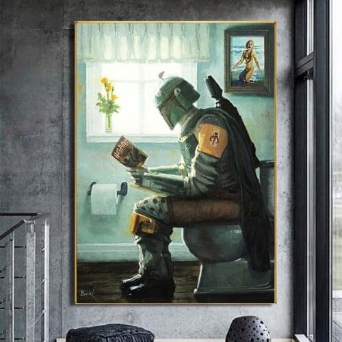 Canvas Painting Star Wars Boba Fett Reading Book on The Toilet Art Poster and Print Wall Art Pictures for Living Room Decoration