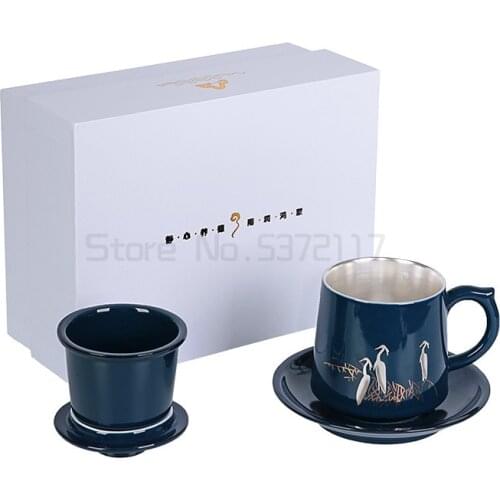 Sterling silver with lid tea cup filter office Jingdezhen ceramic water separator tea set 4 pieces with cover disc gift box