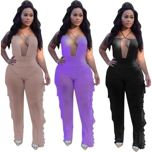 ZKYZWX Sexy Mesh Sheer 2 Piece Club Outfits Backless Bodysuit Ruffles Pants for Women Beachwear Clothes Night Club Matching Sets