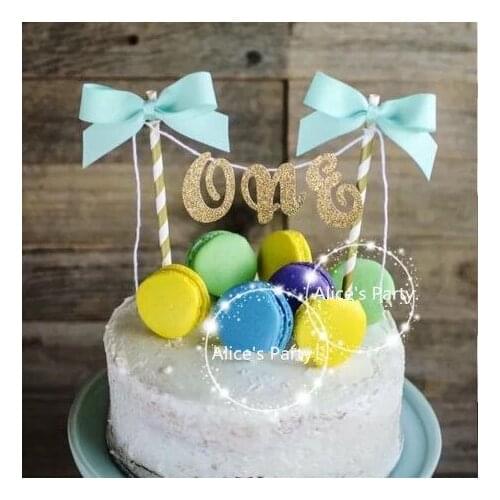 Hot Handmade one Baby Shower Cake Bunting Sale Gold Art ONE Kids 1st Birthday Smash Cake Topper Pink Blue Bow Table Centerpieces