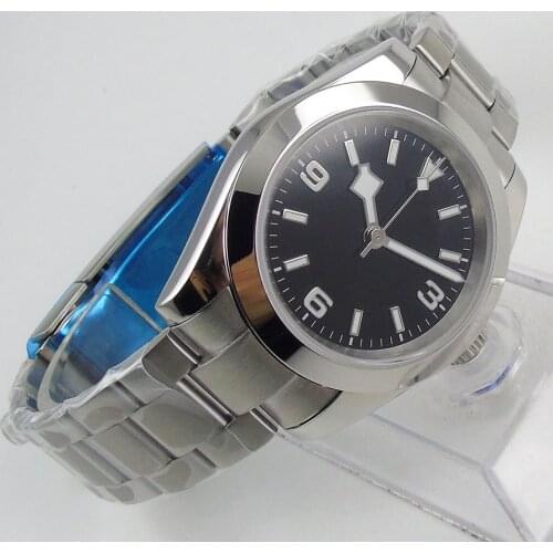 40MM Black Sterile Dial NH35A Automatic Mens Wristwatch 21 Jewels MIYOTA 8215 Clear Glass Back Polished Bezel
