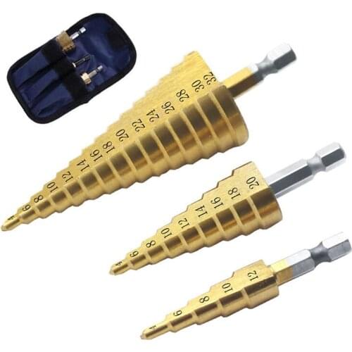 3pc Hss step drill bit set cone hole cutter Taper metric 1/4'' titanium coated metal hex core tricorn drill bit