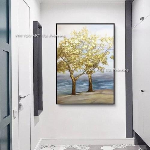 The New Yellow Tree Golden Nature View Original Abstract Modern Oil Painting Canvas Handpainted Wall Art For Living Room