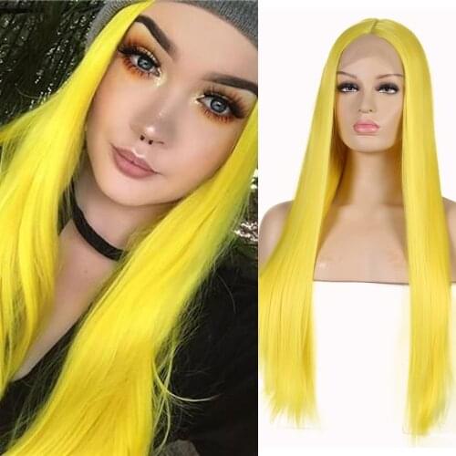 QUINLUX WIGS 13x6 Synthetic Hair Yellow Long Silky Straight Wigs For Black Women Cosplay Lace Front Wig Heat Resistant Fiber