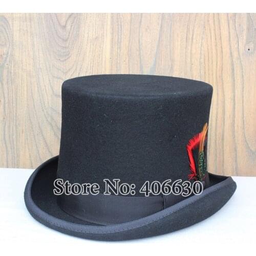 Deluxe Satin Lined 100% Wool Black Top Hats Felt For Mens Chapeu Masculino Free Shipping PWFR114