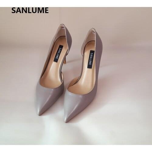 SANLUME Women Sexy Genuine leather High heels Basic Model Pumps Lady Pointed Toe Nude Wedding shoes inside sheepskin