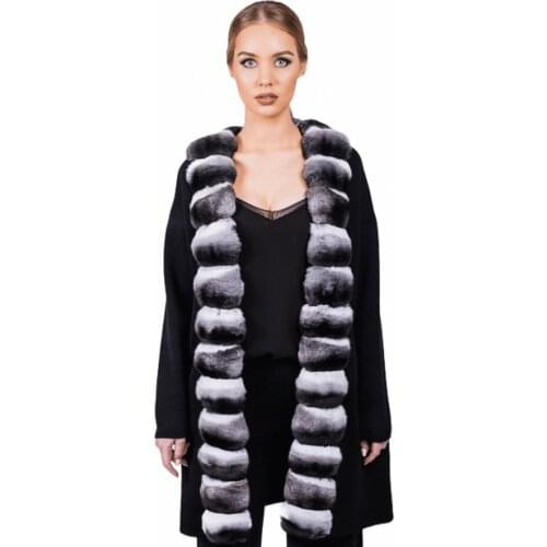 Knee-Length Sweater Women Knitted Cardigan Real Rex Rabbit Fur Trim With Belt Fashion Coat