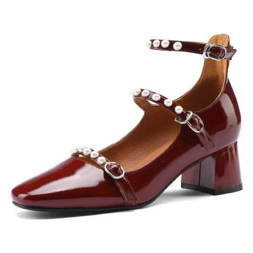 MKKHOU Single Shoes Women 2021 New Spring Wine Red Leather Strap-strap Pearl Marie Jean Shoes Chunky Middle Heel Women Shoes