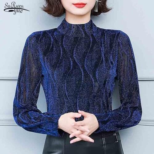 Winter Retro Elegant Sexy Splicing Tops Vintage Autumn Glitter Long Sleeve T-shirt Womens Half High Collar Blouses Blusas 16726