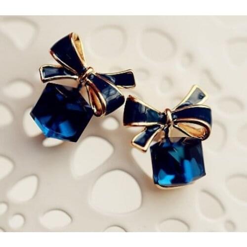 CANZE Trend Women Crystal Water Cube Earrings Cute Sweet Bow Crystal Stud Earring Jewelry