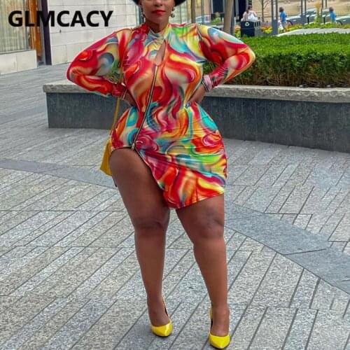 Plus Size Women Long Sleeve Oblique Zipper Slit Bodycon Dress