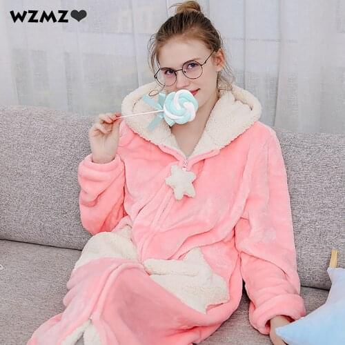 Winter Robes for Women Bathrobe Night Dress Thick Flannel Long Bridal Robe Pijama Cute Stars Moons Patchwork Coral Fleece Kimono