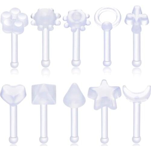 10PCS Plastic Flexible Nose Rings Heart Moon Star Flower Clear Straight Nose Piercing Stud Bioflex Retainer Allergy Free 20G
