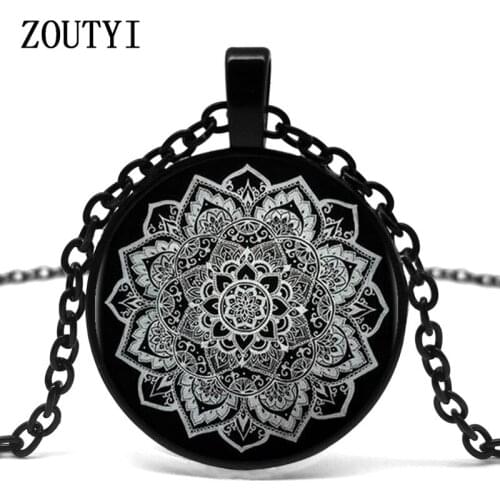 2018/Indian Mandala Flower Glass Pendant Necklace Tattoo Flower Black Chain Necklace Pendant Jewelry