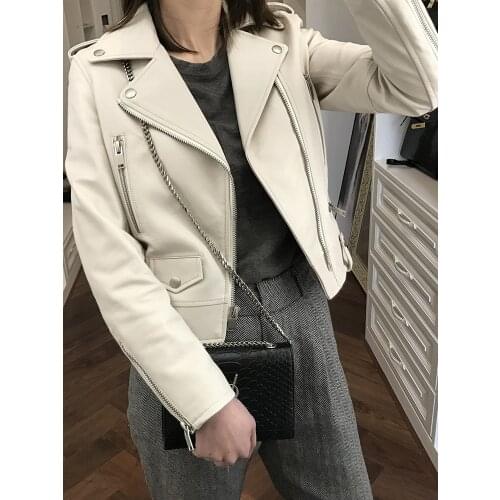 Women Slim Genuine Sheepskin Leather Moto Biker Jacket Real Leather Outerwear