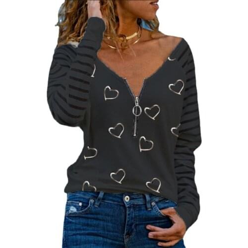 2021 Spring and Summer New Long Sleeve Love Print V-neck Zipper T-shirt Womens Wear