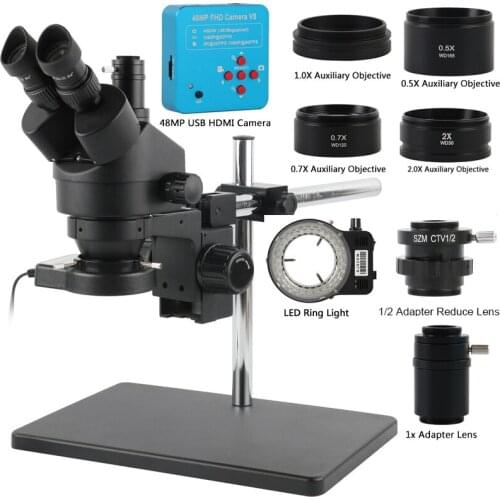 Simul Focal Trinocular Stereo Microscope Continuous Zoom 3.5X-45X+Boom Stand+16MP HDMI Industry Microscope Camera+144 led Light