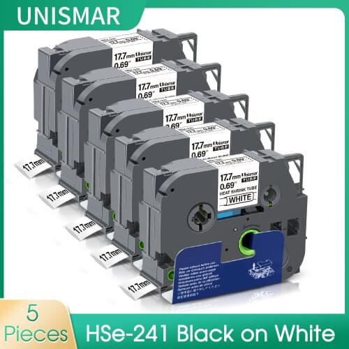 Unismar 5PK 17.7mm (0.69inch) HSe-241 Black on White Heat Shrink Tubes Label Tape for Brother HSe241 Touch PT300 ST1150 Printer