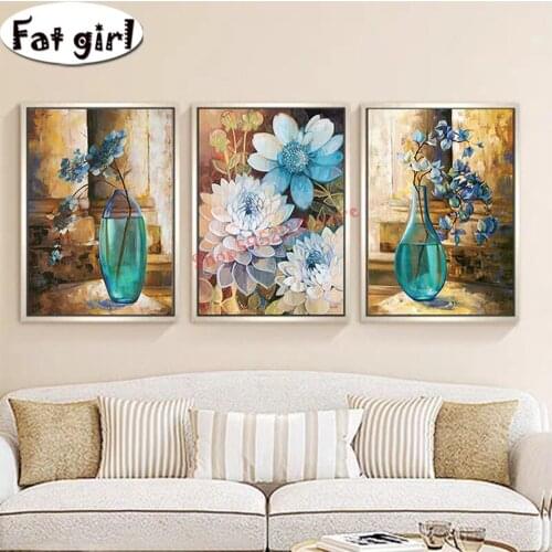 Diamond Painting Diy Blue Flower Vase Retro Cross Stitch 3D Embroidery Handmade Mosaic Full Square Round Drill Living Room Decor
