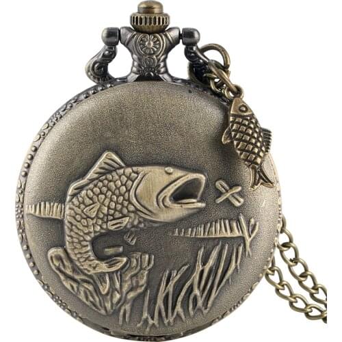 Bronze Fishing Fish Display Quartz Pocket Watch Sweater Chain Pendant Necklace Watch Birthday Gifts for Fisherman