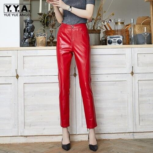 Office Lady Real Leather Sheepskin Pants Spring Autumn Streetwear High Waist Slim Pencil Pants Luxury Casual Trousers Female
