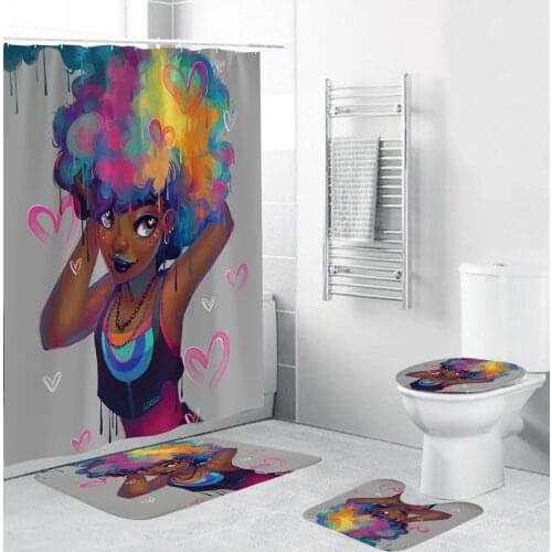 Colorfu Sexy Lovely Black Girl African Shower Curtain Afro American Lady Bath Curtains Toilet Cover Bath Mat Non-Slip Rug Set