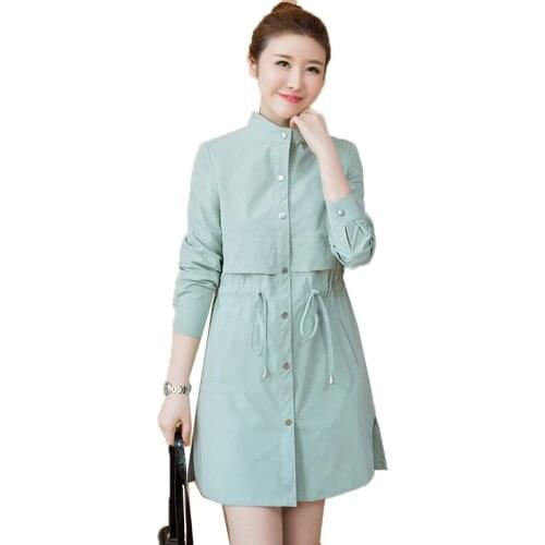Spring Autumn Trench Coat Women Korean Style Mid-Long Loose Large Size Windbreaker Long Sleeve Drawstring Thin Womens Coat K293