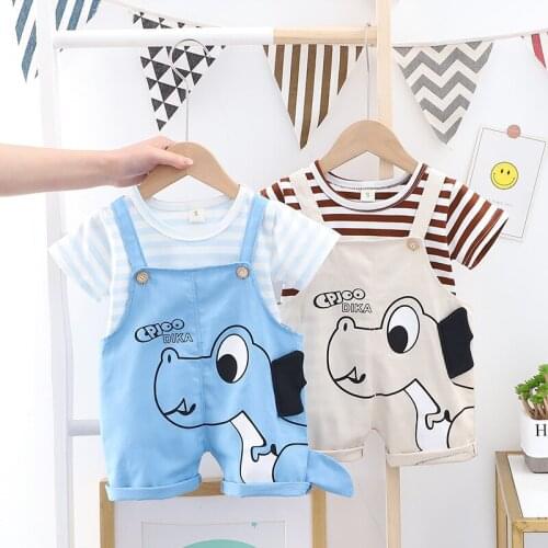Baby clothes 0-4 years old summer short-sleeved suit boys and girls striped tops + cartoon bib two-piece childrens suit