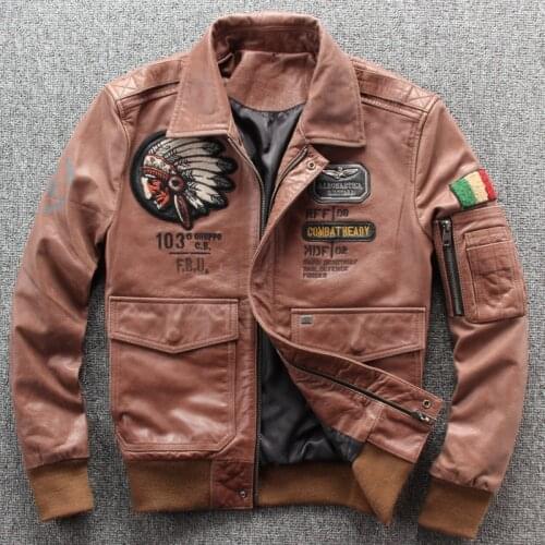 Factory 2020 New Men Brown Air Force Flight A1 Pilot Jackets Fashion Indian Skull Embroidery Real Sheepskin Biker leather jacket
