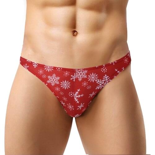 Red Mens Snowflake Printed G String Thong Sexy Christmas Costume Gay Jockstraps Male Low Rise Bikini Thong Underwear Underpants