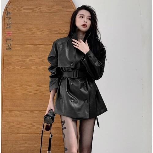LANMREM faux leather POLO collar coat washed-leather Adjustable Waist female jacket Thin temperament 2021 new style