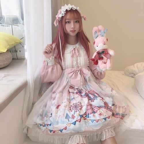 Cute Dress Girls Lolita Op Dress Flouncing Lace Trim Japanese Harajuku Kawaii Long Sleeves Doll Dress Fairy Vestidos 12512